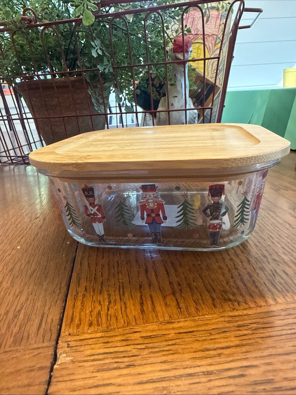 Glass Food Storage Container with Bamboo Lid - Nutcracker Holiday Design, Clear